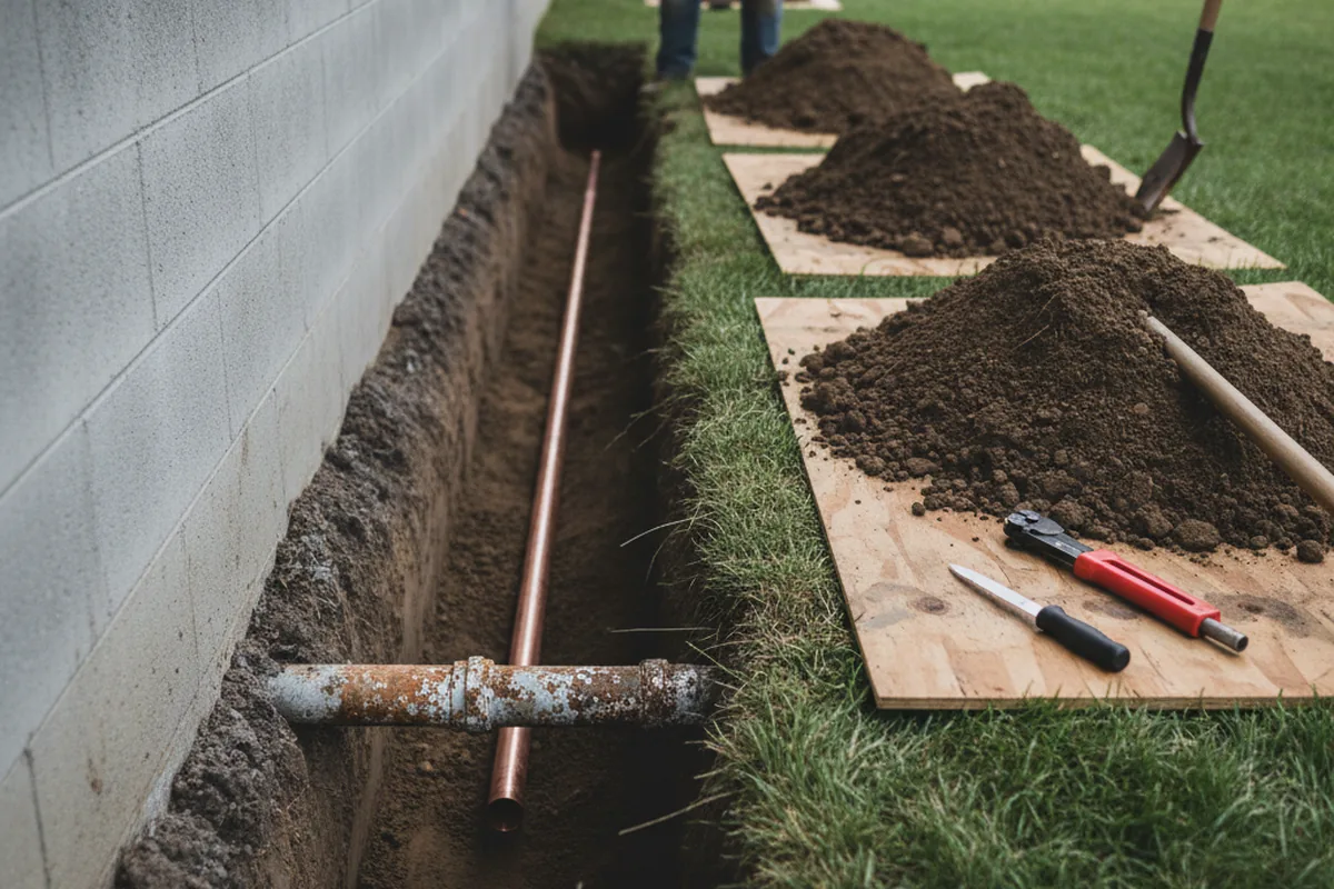 Excavated water line trench during Water Softener Installation in Colp